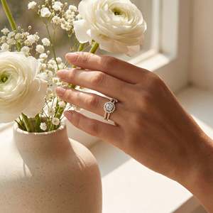 Bague en argent captivante avec moissanite taille ronde, sertie d'un double halo pavé, bicolore, pour fiançailles et mariage, pour femme - Product Image 1