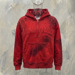 Snow Grace <b>Red</b> Hooded Zipper <b>Sweatshirt</b> Embroidered Letter Design Regular Fit Unisex Fleece Casual Winter Wear - Product Image 3