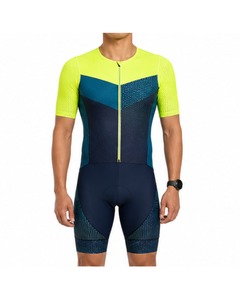 Traje de Triatlón Personalizado para Hombre, Manga Corta, Amarillo Neón con Patrón Azul, Transpirable, Ajuste Aerodinámico, Ropa de Ciclismo Reversible y Ecológica - Product Image 1