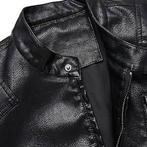Blouson Moto Décontracté en PU pour Homme, Col Montant, Fermeture Éclair, Coupe Droite, Noir Uni, Vêtement d'Hiver Teint - Product Image 5