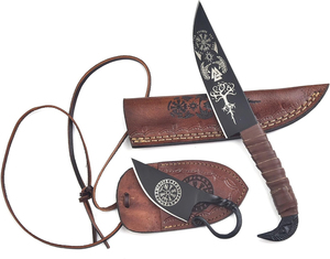 Cuchillo de camping estilo vikingo Raven Norse de la industria SHORT SIGN, hoja de acero de Damasco, punta caída, mango de cuero, funda, HRC60-65, 3 años de garantía. - Product Image 3