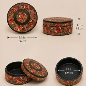 Premium Handcrafted Round Paper Mache Keepsake <b>Box</b> Crimson Floral Tapestry Traditional Kashmiri Indian Artisan <b>Gift</b> - Product Image 1