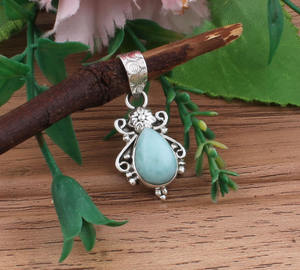 Collar de Plata de Ley 925 con Larimar Natural, Chapado en Platino, Estilo Vintage, Piedra de Delfín Azul Caribe, Gema Oceánica, Joyería Fina - Product Image 5