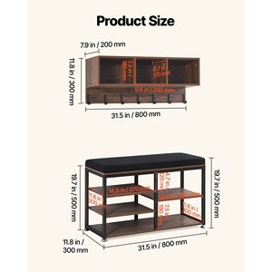 3-in-1 Steel Frame Coat Rack with Shoe Bench Hooks Bookshelf Combo Set for Entrance Hall Tree Storage Organization - Product Image 5