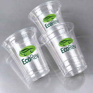 Gobelets en plastique transparent jetables EcoRev ECO38 ronds avec couvercles, diamètre 98 mm, logo feuille verte imprimé en sérigraphie, pour boissons - Product Image 5