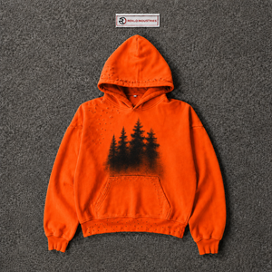 Sudadera con Capucha Naranja Extra Grande Personalizada con Gráfico de Árbol del Bosque Negro, Sudadera Vintage Desgastada Estilo Streetwear para Hombre y Mujer - Product Image 5