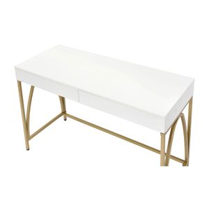 White High Gloss 2-Drawer Writing <b>Desk</b> with Gold Metal Trestle Base Stylish Office <b>Desk</b> - Product Image 5