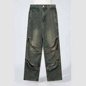 Jean en denim coupe droite délavé foncé pour homme, taille haute, coupe ample, en coton, déchiré, style streetwear, pantalon automne - Product Image 4