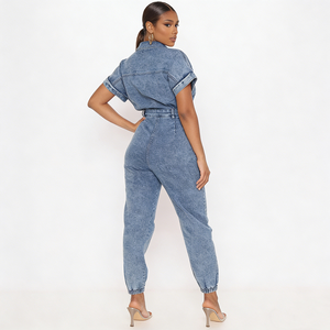 Combinaison en jean décontractée pour femme à manches courtes, taille haute, boutonnée, délavée - Product Image 5