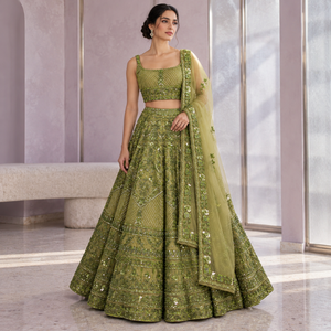 Olive Green Embroidered Lehenga Set 3 Piece Sequin <b>Beaded</b> Blouse | Flared <b>Skirt</b> with Embellished Dupatta for Wedding Party Wear - Product Image 2