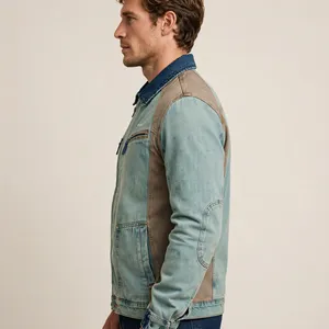 Veste en jean pour homme, couleur personnalisée, avec empiècements contrastés, fermeture éclair, col rabattu, style décontracté, pour l'automne - Product Image 4