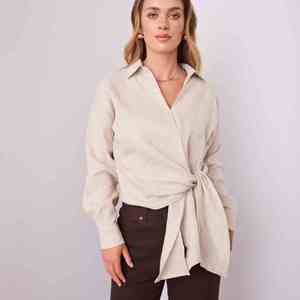 Chemise Courte Décontractée d'Été pour Femme 100% Lin, Coupe Ample, Col Rond, Boutonnée, Manches Longues, Couleur Unie, Respirante, en Coton et Lin - Product Image 2