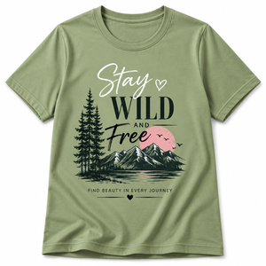 Camiseta de Cuello Redondo Azul Personalizada para Mujer, Manga Corta, Estampado Stay Wild Free, 100% Algodón, Casual, Transpirable, Corte Regular, 180g - Product Image 1