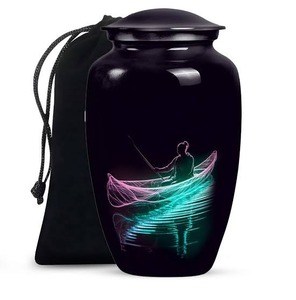 Urne funéraire de crémation haut de gamme pour cendres d'adultes, modèle bateau coucher de soleil, avec couvercle en dôme et pochette en velours noir - Product Image 2