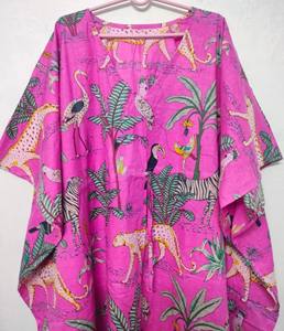 Robe Kaftan en Coton à Imprimé Jungle, Dentelle, Vintage, Longueur Genou, Coupe Évasée, Grande Taille, Style Indien, pour l'Été et le Quotidien - Product Image 1