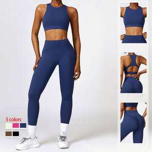 Ensemble de leggings taille haute de couleur unie pour femmes, soutien-gorge de sport, tenue de yoga, vêtements de sport extensibles en tricot, 5 couleurs disponibles - Product Image 1