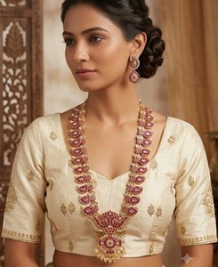 Parure de bijoux plaqué or avec collier long et boucles d'oreilles motif paon, style indien du Sud, pour tenue traditionnelle ethnique et festive - Product Image 6
