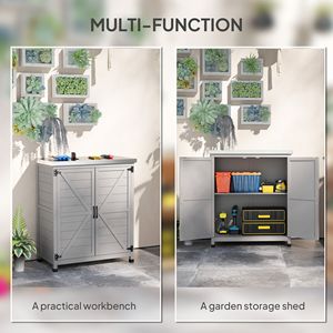 Tavolo da Preparazione per Esterni con Piano in Metallo, Armadietto in Legno con Doppia Porta e Ripiano per Patio e Giardino, Colore Grigio - Product Image 4