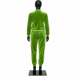 Ensemble de survêtement en velours vert pour femme, veste à fermeture éclair à manches longues et pantalon, décontracté, couleur unie, respirant, coupe régulière, automne - Product Image 2