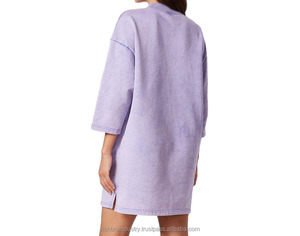 Women's Purple 100% Cotton Streetwear Sweatshirt Dress Oversized Hood Custom Acid Wash Hooded Collar Sequined Badge Front - Product Image 3