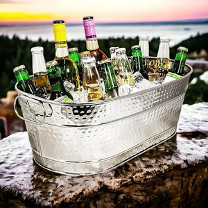 Elegante Bañera Ovalada de Acero Inoxidable con Diseño Martillado y Asas Laterales de Alambre Metálico para Bebidas, Ideal para Fiestas, Vino y Cerveza en Bodas - Product Image 4
