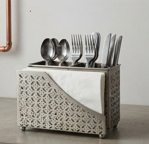 Modern Silver Metal Perforated Cutlery <b>Holder</b> with Napkin Slot Kitchen Utensil Organizer - Product Image 1