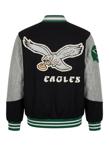 Men's Varsity <b>Jacket</b> Black Wool Blend <b>Baseball</b> <b>Bomber</b> <b>Jacket</b> with Embroidered Eagle Patch Letterman Style - Product Image 5
