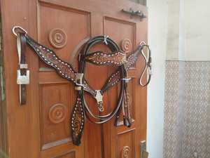 Handcrafted <b>Leather</b> Headstall Breastplate Buck Stitch | Western Horse Bridle Set | <b>Tooled</b> Adjustable Equestrian Tack Set Pro I S - Product Image 3