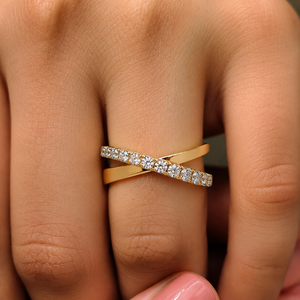 Minimalist 14K Gold Criss Cross Diamond <b>Ring</b> Round Brilliant Cut Lab Grown Diamond Pave <b>set</b> Eternity Band Women's Fine jewelry - Product Image 2