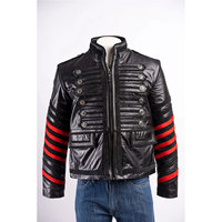 Veste de motard en cuir PU noir pour homme avec manches rayées rouges et boutons argentés, col montant, fermeture éclair