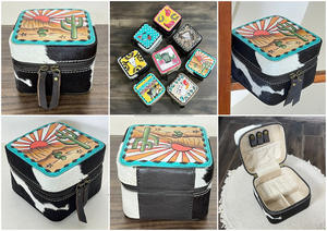 Organisateur de bijoux en cuir de vachette peint à la main, style western, en cuir véritable, mini-étuis à bijoux portables pour femmes, collection March Expo - Product Image 3