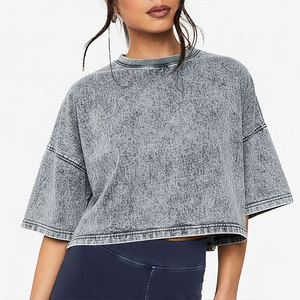 T-shirt court oversize vintage délavé à l'acide pour femme, 100 % coton, manches courtes, épaules tombantes, col rond - Product Image 1
