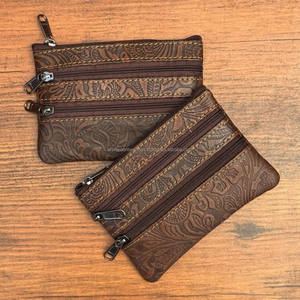 Nuevo 2025 marrón en relieve de cuero Floral Mini Triple cremallera bolsillo monedero para mujer bolsa de cuero genuino tarjeteros - Product Image 4