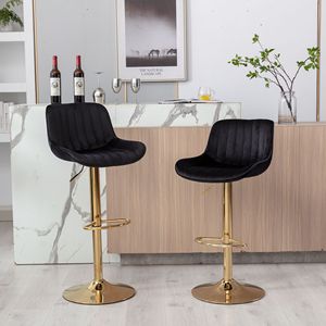 Ensemble de 2 tabourets de bar en velours doré chromé avec repose-pieds de levage mécanique réglable en hauteur noir - Product Image 1