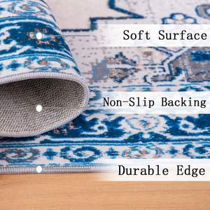 Tappeto Vintage blu Bohemia/Beige 5x7 grande Design persiano antiscivolo e lavabile per soggiorno cucina camera da letto - Product Image 4