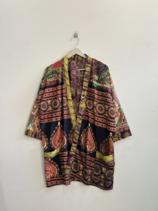 <b>Vintage</b> Patchwork Short Silk <b>Kimono</b> Indian Silk Robe Dress For Women - Product Image 1