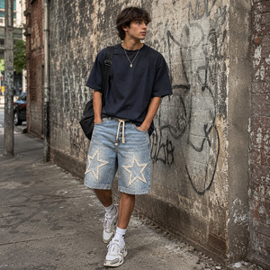 Men’s Y2K Star Applique Denim Jorts with Rhinestones & <b>Rope</b> Belt Streetwear Wide Leg Denim - Product Image 6