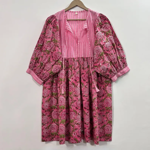 Vestido Casual Midi para Mujer, Tejido 100% Algodón, Liso, Manga Corta, Cintura Imperio, Estilo Babydoll, Cuello en V, Holgado, Funcional - Product Image 1