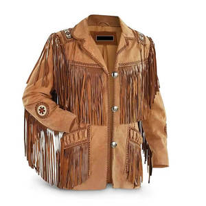 <b>Men</b> Cow Skin <b>Suede</b> Tassel Fringe Leather <b>Jacket</b> Turn-down Collar Breathable 240g Western Style Casual Winter Coat - Product Image 1