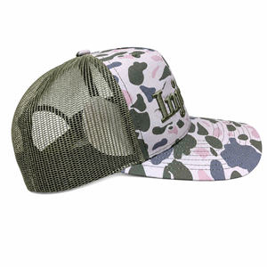 Wholesale Custom 3D Embroidered Foam Trucker <b>Hat</b> Pink Camo Olive Green Mesh 5 Panel Mid Profile <b>Flat</b> Brim High Quality Cap - Product Image 2
