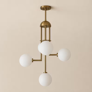 Lustre globe en laiton 5 lumières, style Sputnik vertical, éclairage de plafond moderne du milieu du siècle avec verre opale, luminaire décoratif d'intérieur - Product Image 2