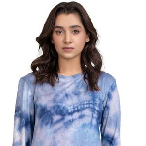 Haut décontracté à manches longues tie-dye bleu pour femme, coupe décontractée, t-shirt basique pour tous les jours, vêtement de mode doux pour femme - Product Image 2