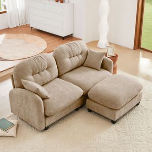Divano Sezionale a L in Morbido Tessuto Chenille con Pouf, Design Trapuntato e Plissettato, Schiuma ad Alta Densità per Camere da Letto e Soggiorno - Product Image 1