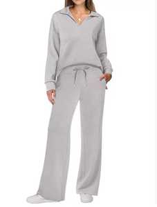 Conjunto Deportivo de Mujer de Color Sólido, Pantalones Largos con Cordón, Cuello Camisero, Manga Larga, Ropa Casual Transpirable de Algodón para Otoño - Product Image 5
