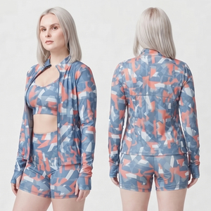 Women's Geometric Print 3-Piece Gym Set Training Jacket High Waist Shorts Sports <b>Bra</b> Set Spandex Polyester Workout Wear 3 PCS - Product Image 3