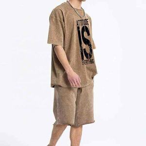 Acid Wash 100% algodón Casual ropa de hombre Camiseta de gran tamaño y pantalones cortos Puff estampado Logo Twin Set manga corta uso al aire libre - Product Image 4