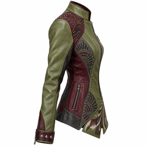 <b>Women</b> Olive Green Real Cowhide Biker <b>Jacket</b> Printed Peacock Graphic Studded Maroon Trim Stand Collar Outerwear Coat Wholesale - Product Image 3