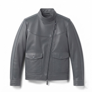Blouson moto en cuir PU rouge pour homme, col rabattu, fermeture éclair, coupe ajustée, couleur unie, style motard, vêtement d'automne - Product Image 1