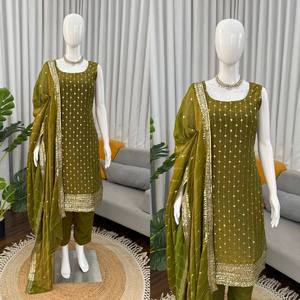 New Designer Eco-Friendly Georgette <b>Sequin</b> Modern Work Wedding Diwali Ethnic Wear Kurti <b>Pant</b> Set Salwar Kameez Top Dupatta Fully - Product Image 3