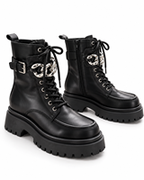 Bottes de combat classiques noires à bout rond, talon épais, fermeture éclair, en cuir véritable, antidérapantes, pour l'été et toutes les saisons, avec boucle décorative